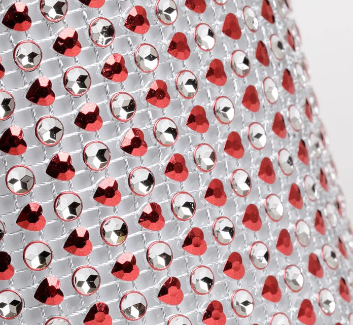 Red heart glam ribbon with silver dot accents, shown as a flat strip. Non‑edible decorative ribbon used for cake wrapping and event décor.