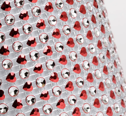 Red heart glam ribbon with silver dot accents, shown as a flat strip. Non‑edible decorative ribbon used for cake wrapping and event décor.
