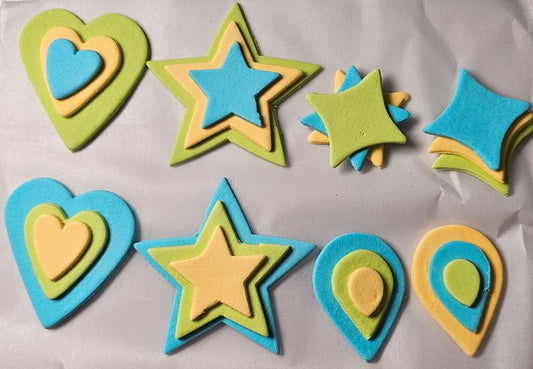 Blue, Yellow & Lime Green Shapes Set of 8 Assorted Icing