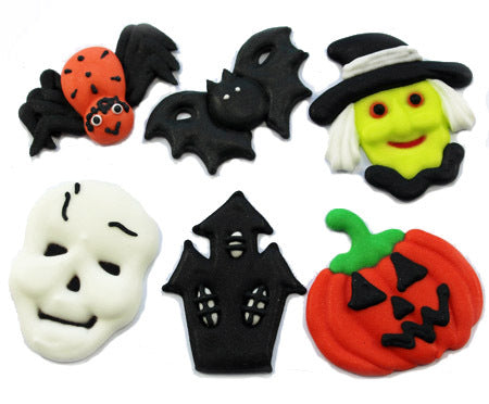 Assorted Halloween-themed royal icing decorations (6 pieces per pack)