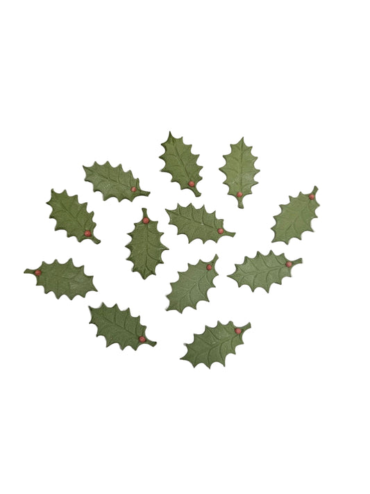 Sugar paste holly leaf cake decorations, approx. 3.2cm x 2cm, pack of 12 with tip to add petal dust