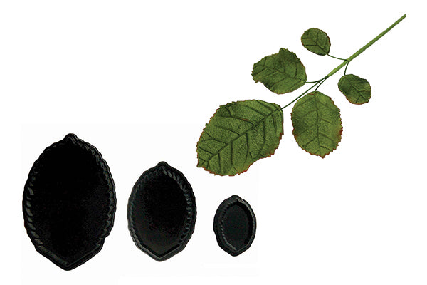 JEM Rose Leaves Cutter Set of 3 in small, medium, and large sizes for creating realistic fondant rose leaves. Available at The Sugar Smith.