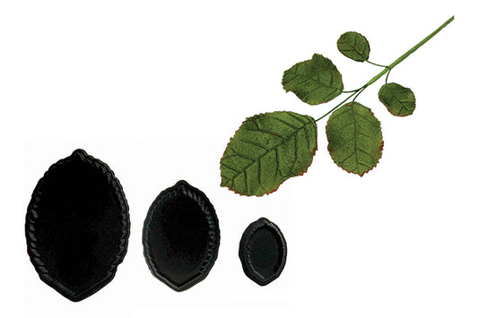 JEM Rose Leaves Cutter Set of 3 in small, medium, and large sizes for creating realistic fondant rose leaves. Available at The Sugar Smith.