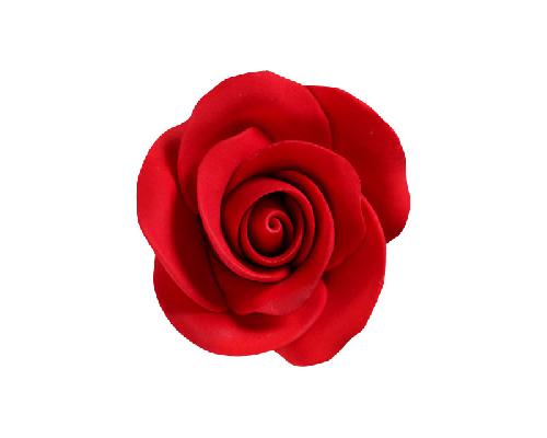 Medium gum paste red tea rose with green calyx and wire stem, approx. 4.5cm, single piece