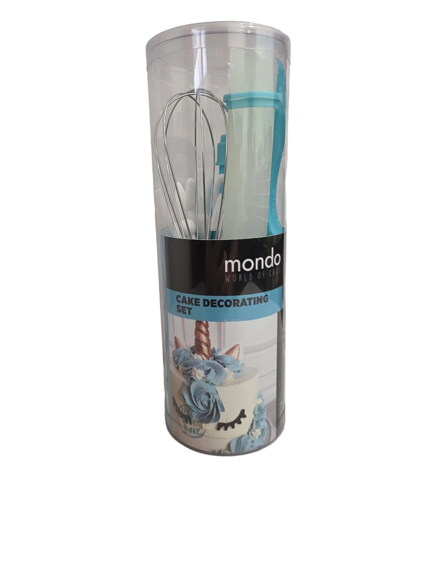 Mondo 19‑piece cake decorating set including fondant tools, piping nozzles, icing bag, rolling pin and spatula.