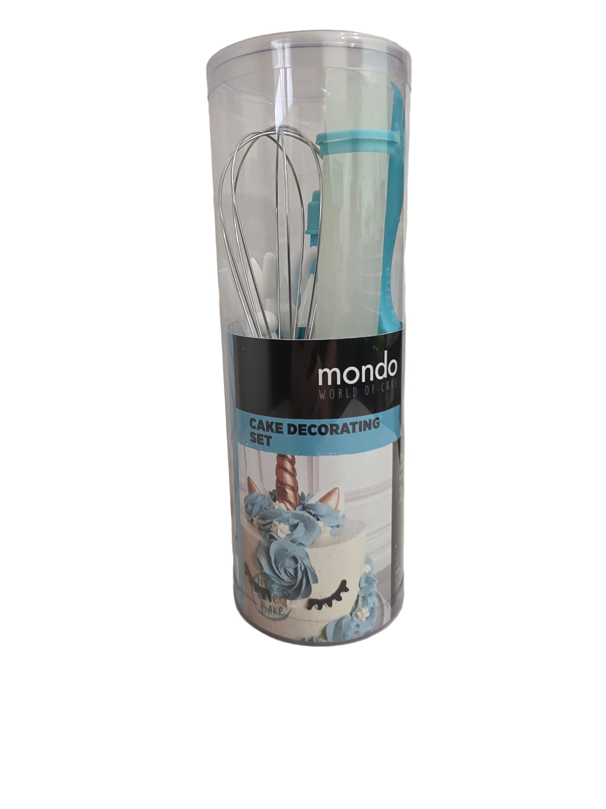 Mondo 19‑piece cake decorating set including fondant tools, piping nozzles, icing bag, rolling pin and spatula.