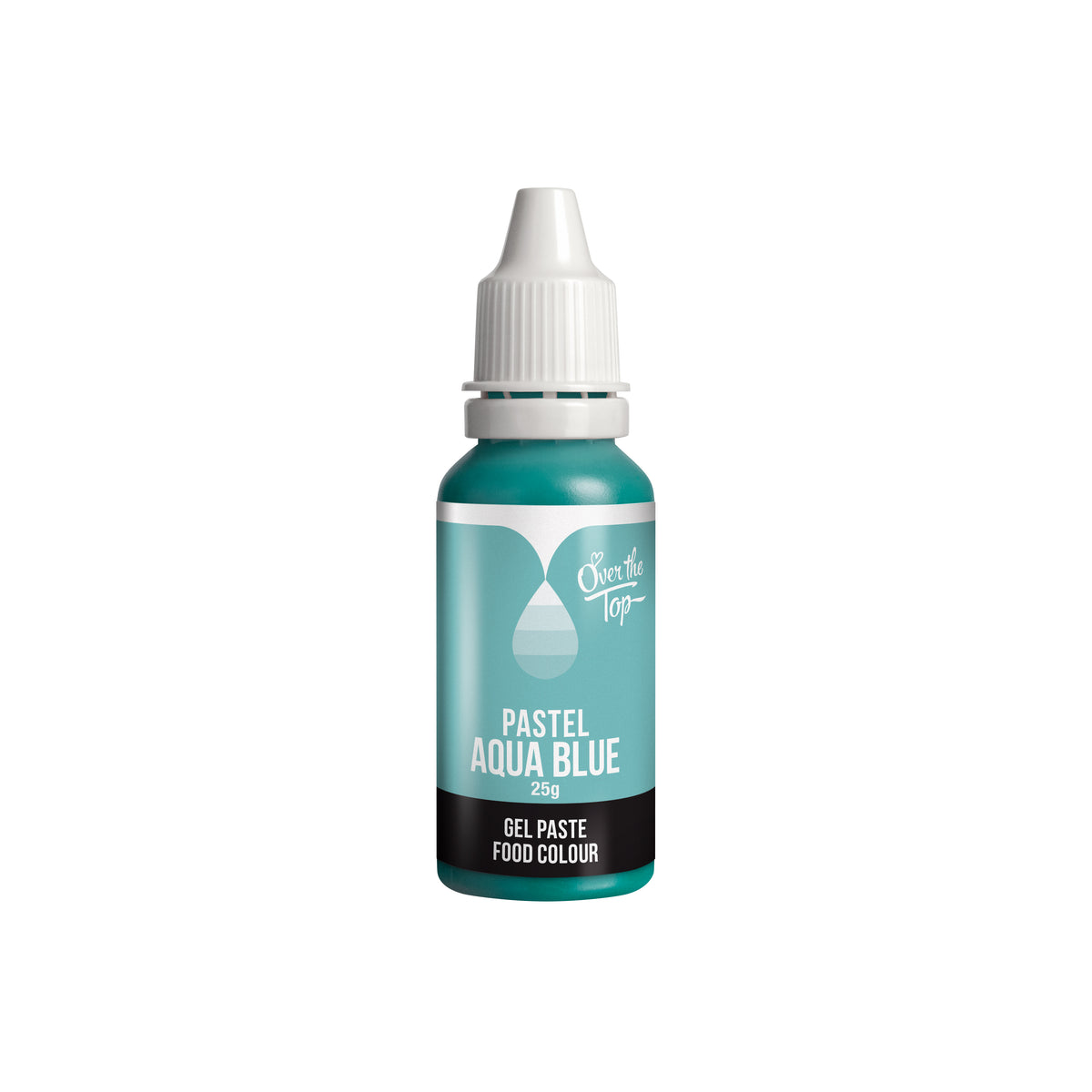 OTT Gel Food Colour in Aqua Blue, 25g squeeze bottle shown as a concentrated vegan‑friendly gel colour for icing, fondant and buttercream.