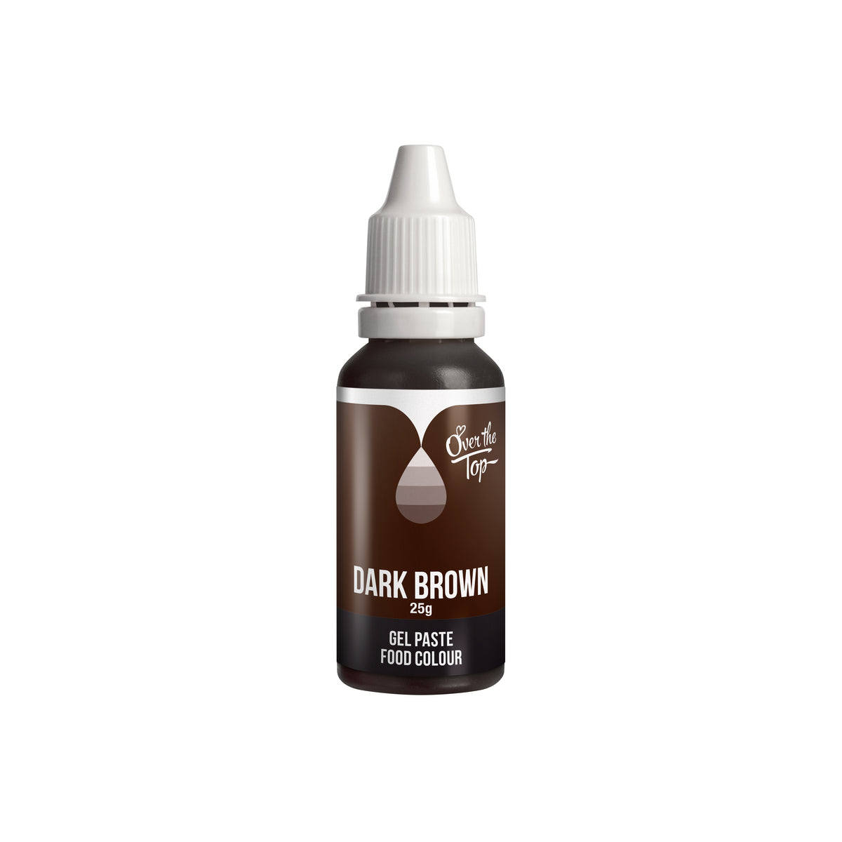 OTT Gel Food Colour in Dark Brown, 25g squeeze bottle shown as a concentrated vegan‑friendly gel colour for icing, fondant and buttercream.