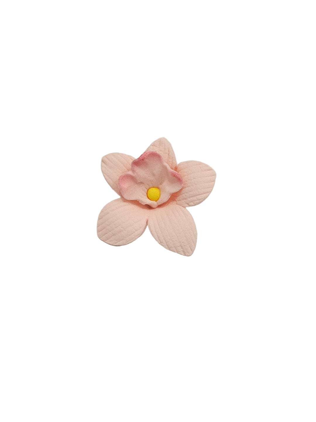 Pink flower shaped in an orchid with darker pink edge with yellow centre made out of gum paste.