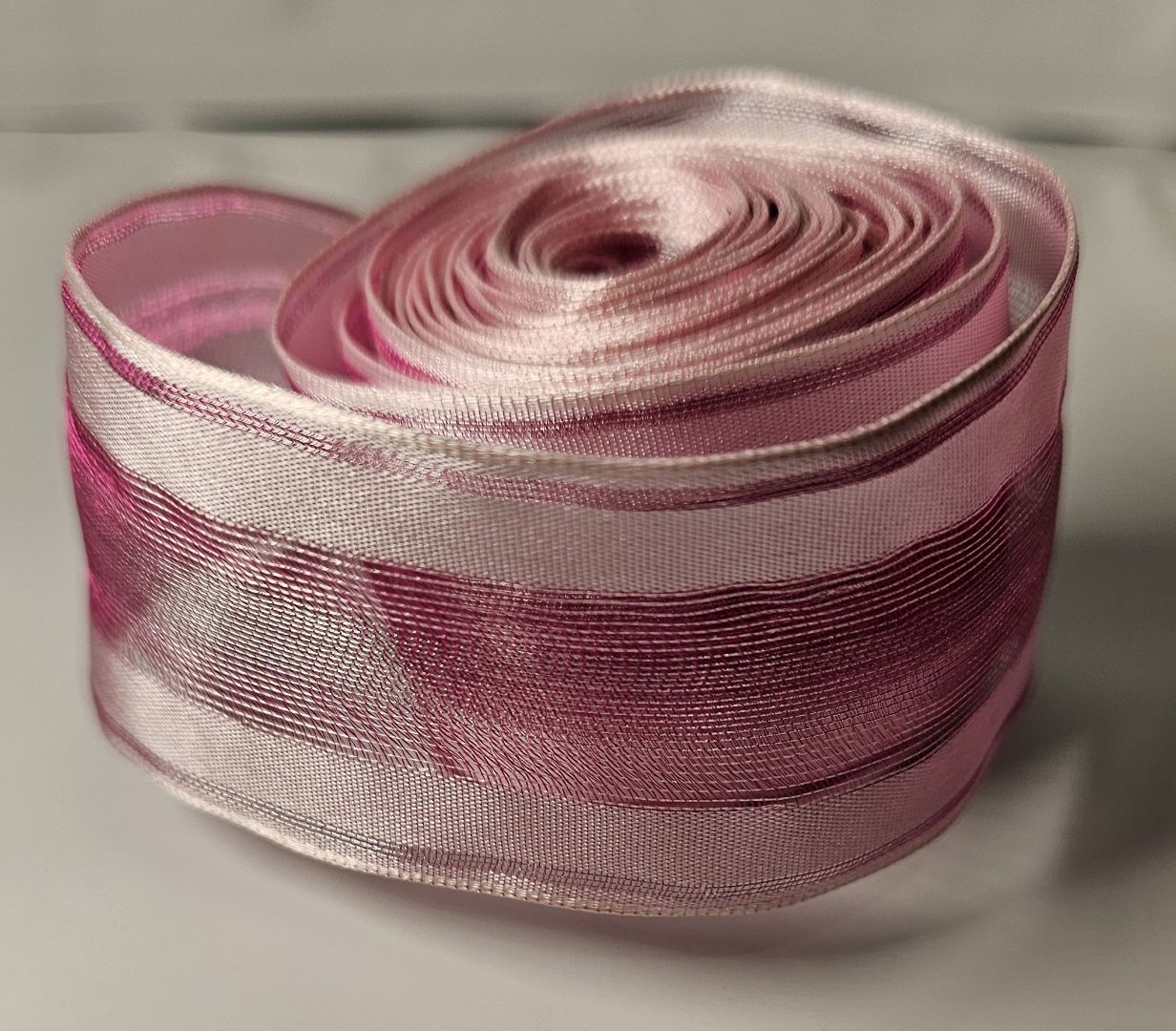 Pink satin‑edge ribbon with a two‑tone pink centre, 38mm wide and 4.83m long