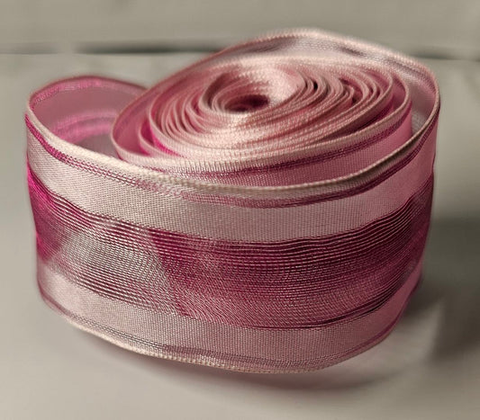 Pink satin‑edge ribbon with a two‑tone pink centre, 38mm wide and 4.83m long