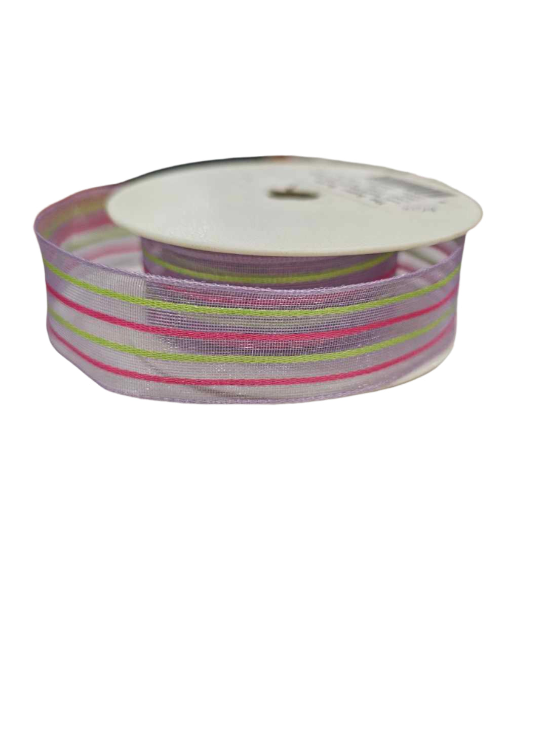 Sheer lilac ribbon with bright pink and lime green stripes, 25mm wide, shown as a decorative craft and cake ribbon.