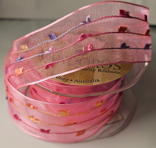 Sheer pink ribbon with colourful square print, 38mm wide and 8.9m long.