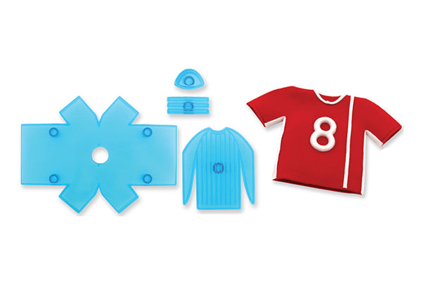 Five‑piece JEM cutter set for creating 10 × 15 cm fondant sports shirts.