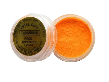 Small 4g pot of Caroline’s Tangerine Petal Dust in a bright orange shade, used for colouring sugar flowers and fondant decorations.
