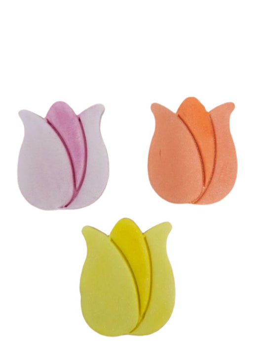 Set of 3 fondant tulip decorations in pink, orange, and yellow with shimmer. 4.8cm x 5.7cm.