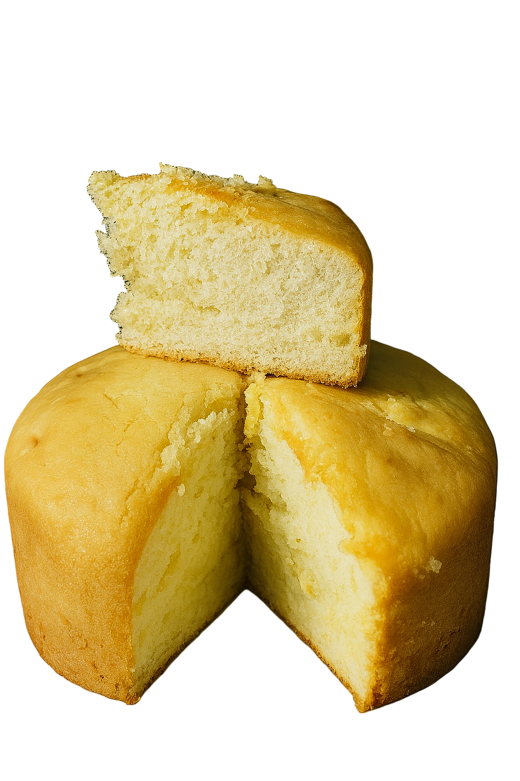 Round cake with a slice removed on a white background