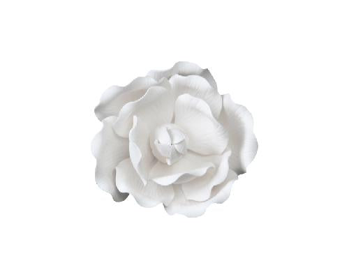 White full bloom sugar paste rose with wired petals, 8cm, ideal for elegant and romantic cake designs.