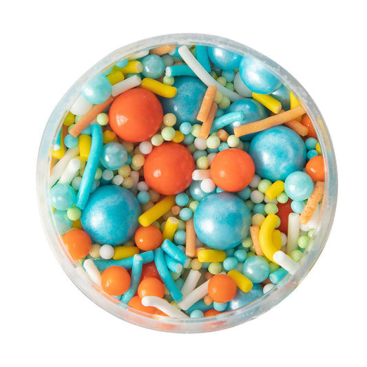 Colorful sprinkles in a clear container on a white background