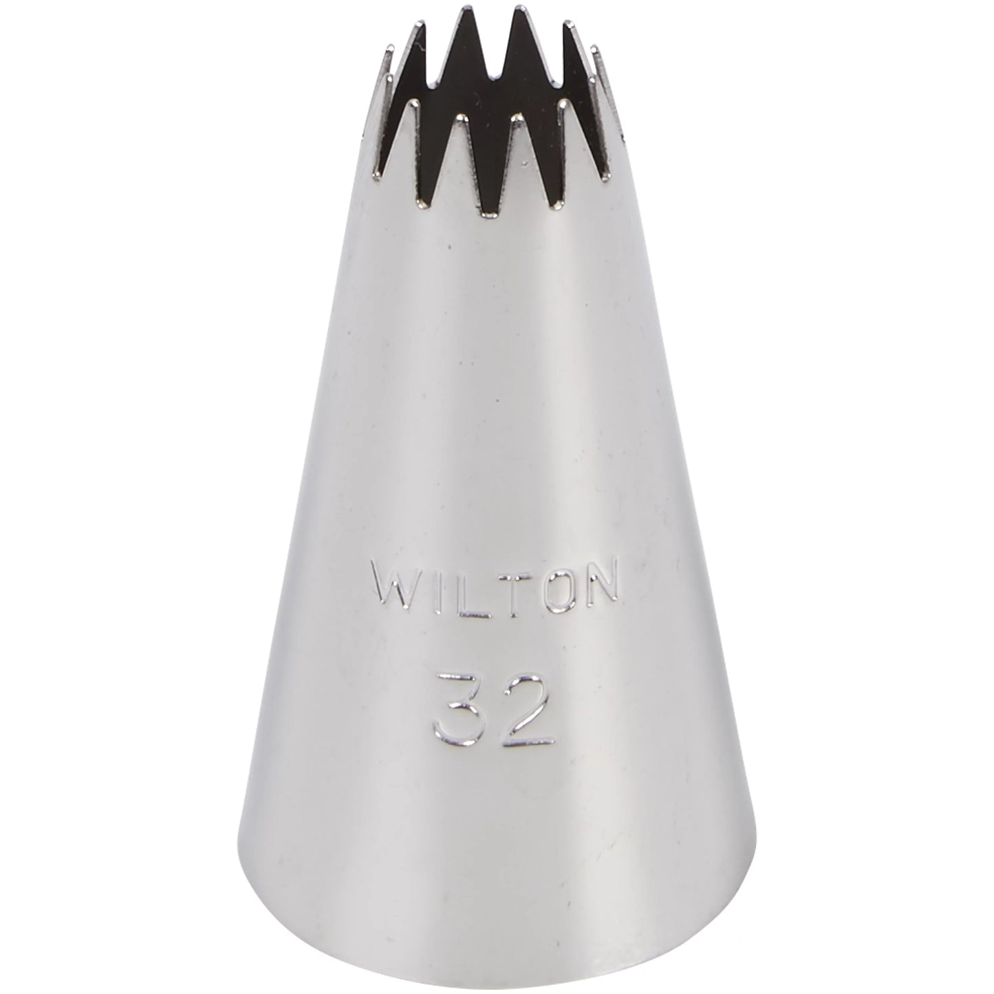 A close-up of the Wilton Nozzle Number 32, showing its star-shaped tip and the engraved text 'Wilton 32'.