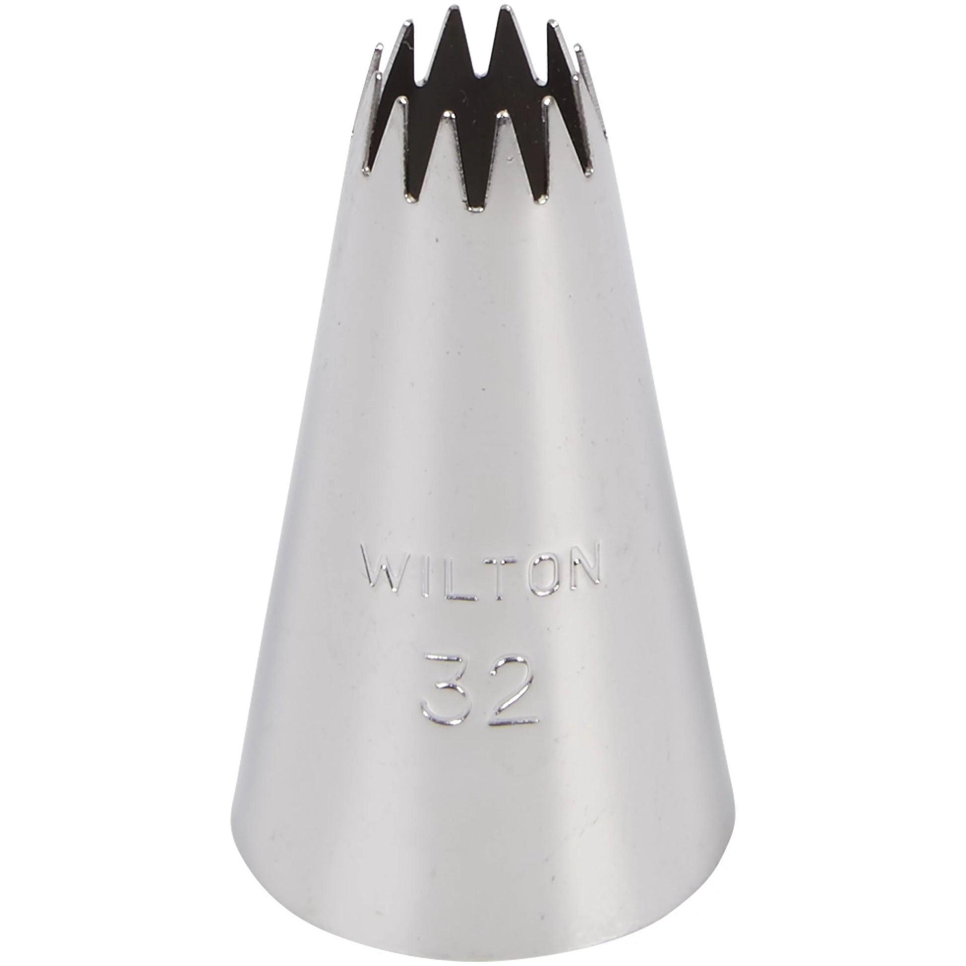 A close-up of the Wilton Nozzle Number 32, showing its star-shaped tip and the engraved text 'Wilton 32'.