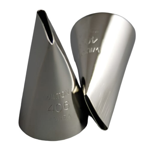 Wilton Nozzle Number 406 shown in close‑up, a stainless‑steel piping tip used for creating decorative icing patterns on cakes and cupcakes.