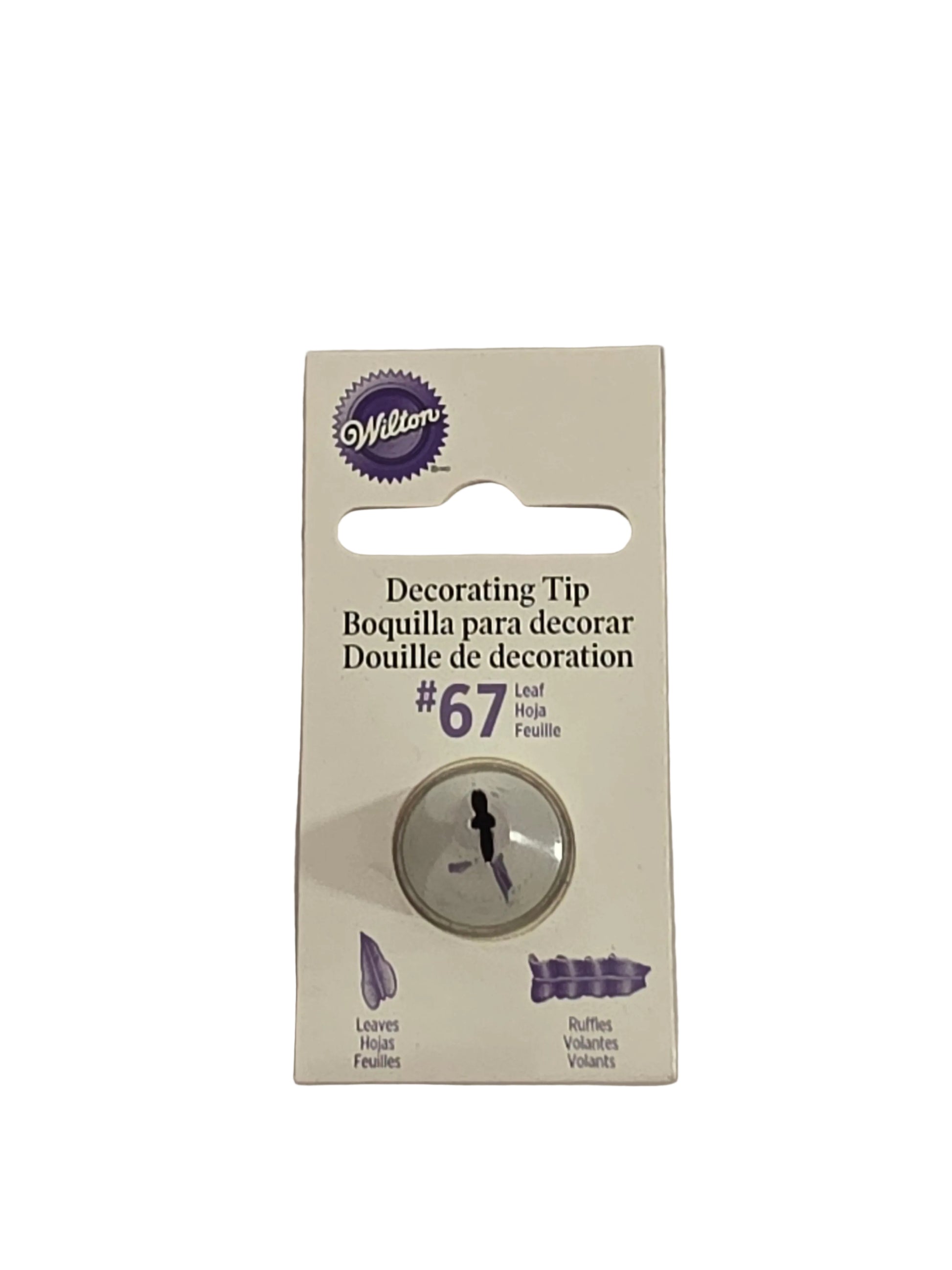 Wilton Nozzle Number 67, a stainless‑steel leaf‑shaped piping tip used for creating buttercream leaves and floral decorations.