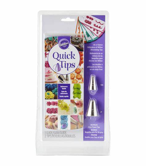 Wilton Quick Tips Guide with laminated pages, specialty piping tips, clear storage case that doubles as a practice board, and colourful decorating illustrations. Available from The Sugar Smith