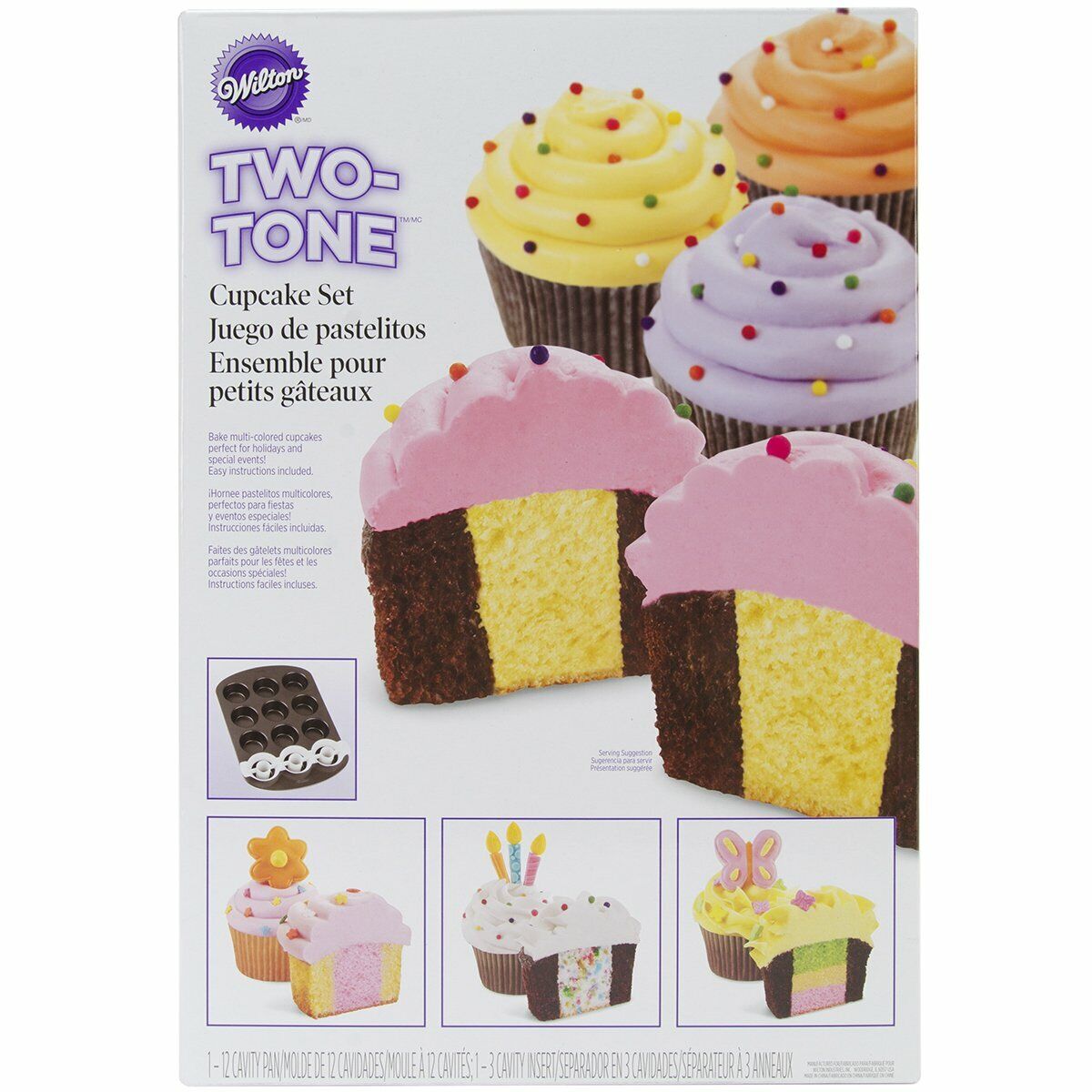 Cupcake pan and insert designed to create two‑tone swirl cupcakes