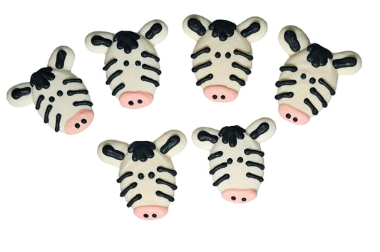 Set of 6 handmade zebra royal icing toppers with flat backs. Approx 4cm x 4cm.
