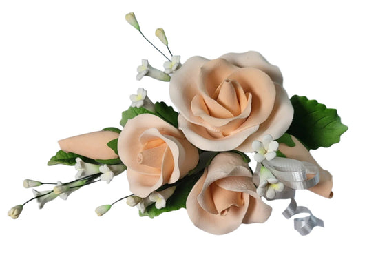 Large apricot/peach trio rose sugar paste spray with wired leaves and filler flowers for elegant cakes.