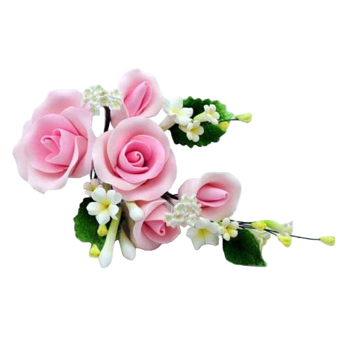A pink rose white and yellow filler flowers with green leaves sugar flower spray designed to resemble an rose, suitable for cake decorating.