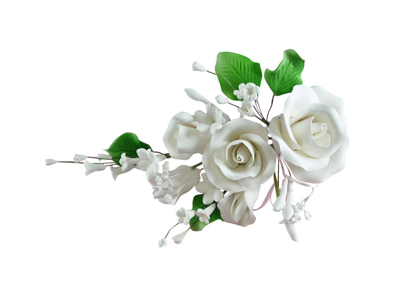 A beautiful large wired white spray made out of gum paste.
Consists of white roses, filler flowers and leaves, can be dusted with colour or add in ribbon to marry it into your colours.
APPROX. SIZE: 10 x 18cm