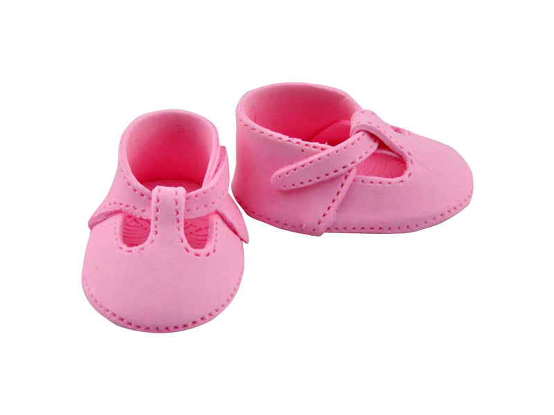 Handcrafted pink fondant baby booties. Pair. Approx 2.5" x 1.5".