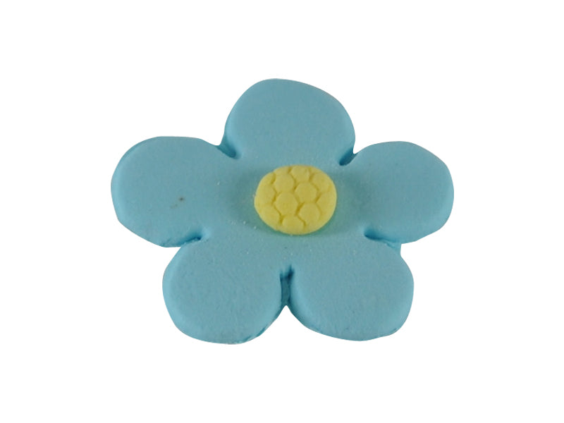 A blue sugar paste flower with a yellow center, suitable for cake and cupcake decoration.