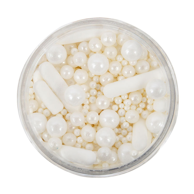 A clear container filled with white edible sprinkles, including various sizes of pearls and rods.