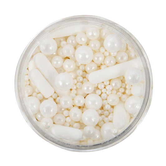 A clear container filled with white edible sprinkles, including various sizes of pearls and rods.
