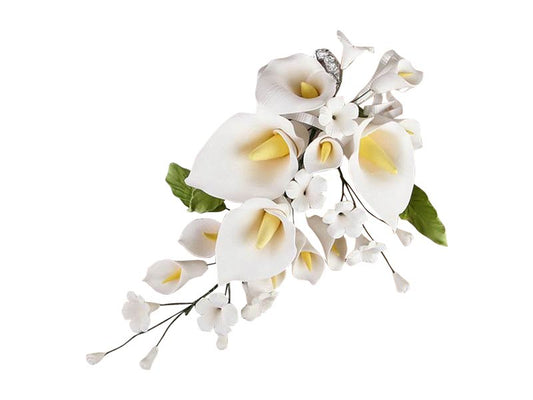 Handcrafted gum paste Calla/Arum Lily spray with green leaves and filler flowers. Approx 4.5" x 8".