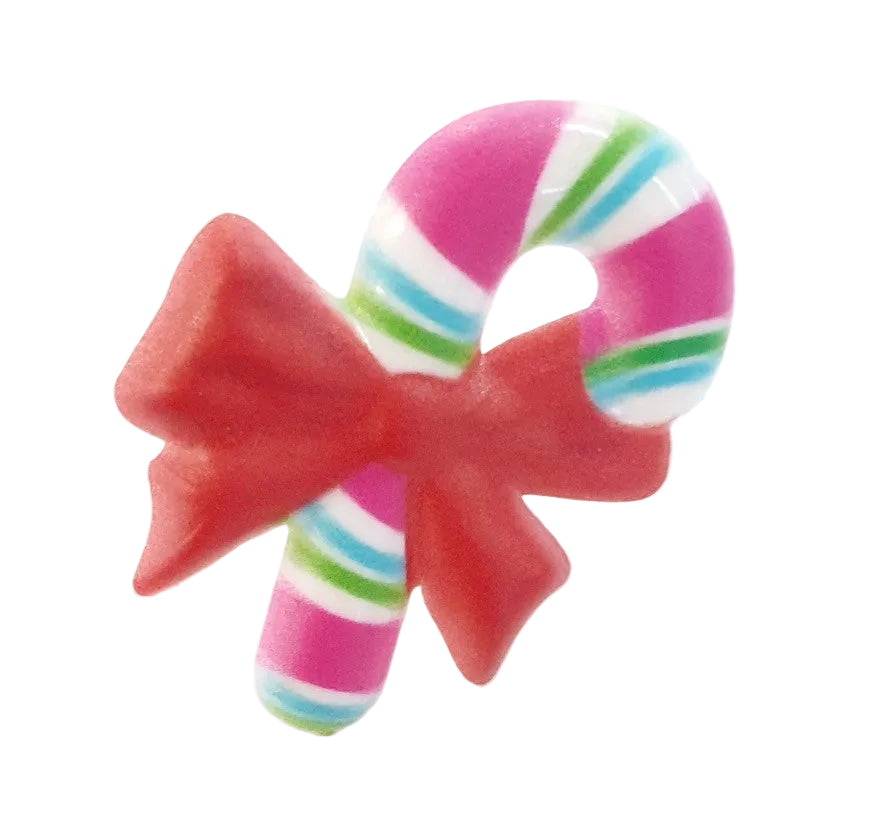 A red and white candy cane-shaped plastic ring, designed for use as a decoration on cakes or cupcakes.