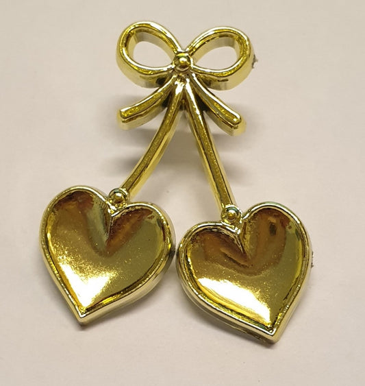 Double Cherry Heart with Bow Gold Embellishment