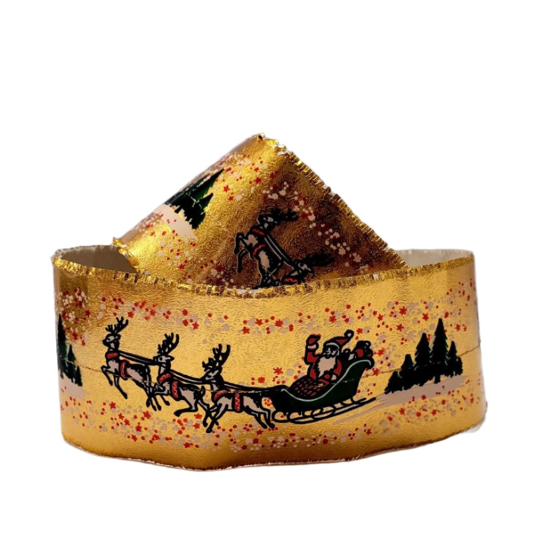 “Gold Christmas cake frill with Santa sleigh and reindeer design, sold per metre.”

“Festive cake wrap in gold featuring Santa, reindeer, and evergreen trees.”

“Christmas frill ribbon for decorating cakes and desserts, 3.5″ high.”