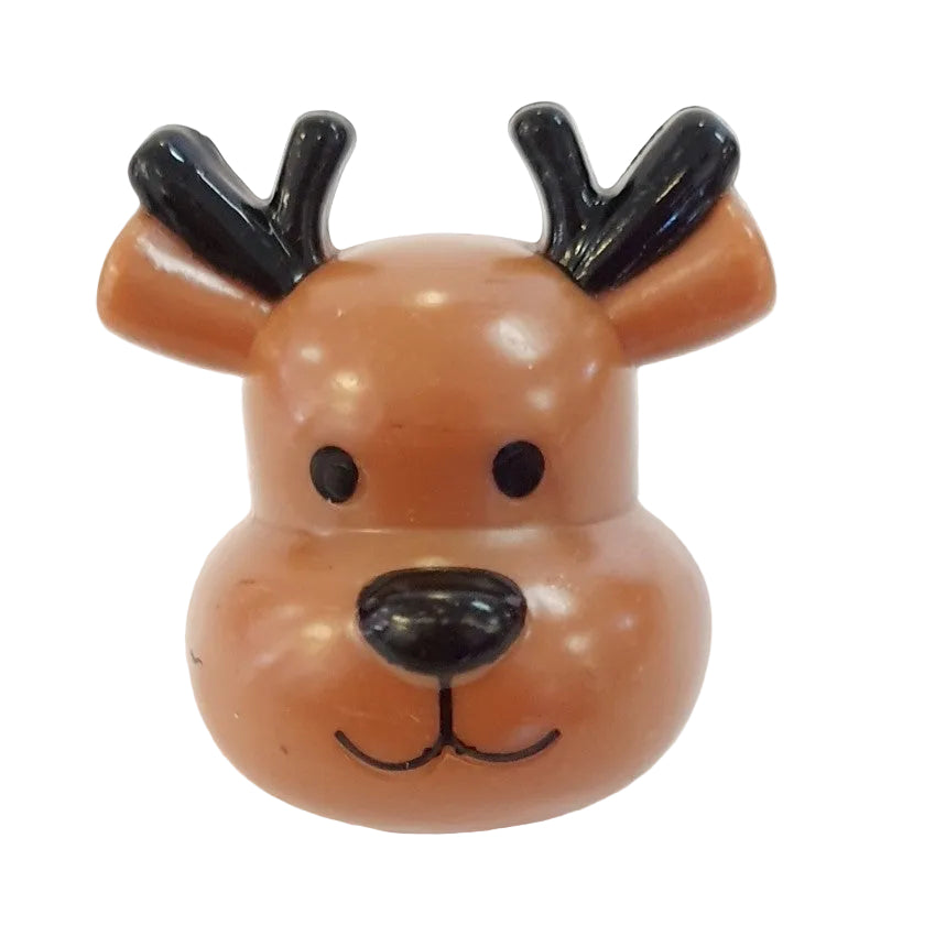 A brown plastic ring designed to look like a reindeer face with a smiling expression.