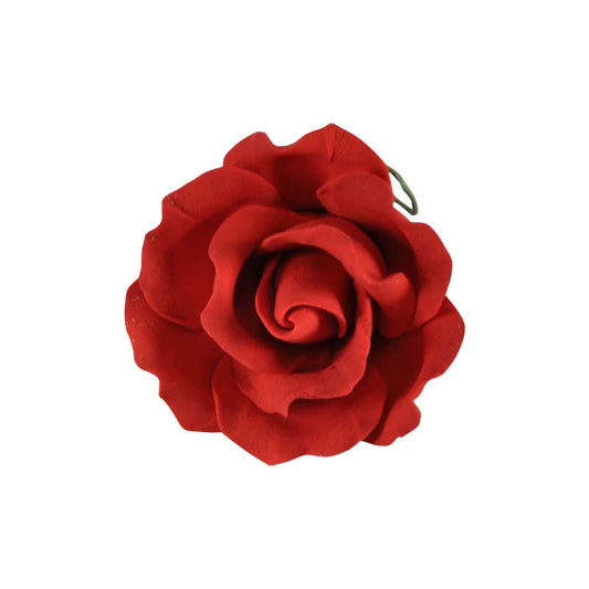 Add bold elegance to your cake designs with our Curled Cabbage Rose Red Gum Paste Flower. This handcrafted rose features a natural frilly edge and a deep red hue, perfect for creating dramatic floral arrangements.