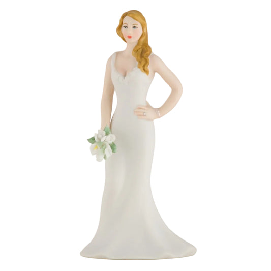 Hand‑painted porcelain curvy bride cake topper, 14cm tall.
