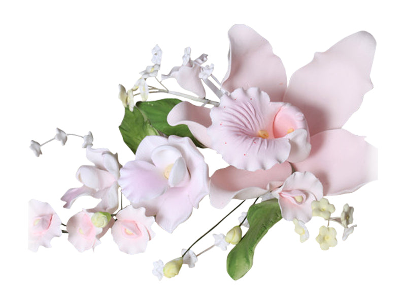 Soft pink Cymbidium Orchid and Sweet Pea gum paste spray with wired stems for cake decoration