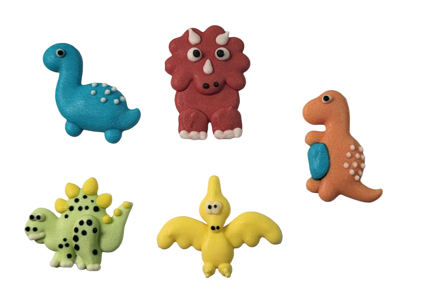 Set of 5 royal icing dinosaurs, perfect for decorating kids’ cakes, cupcakes, and party treats.