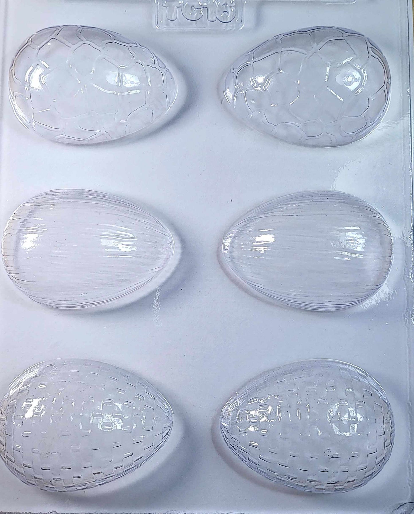 Great size medium chocolate egg mould 6 per tray with 3 different designs.
