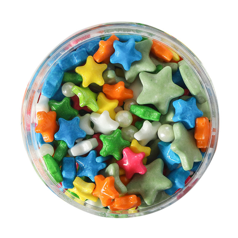 A clear container filled with colorful star-shaped sprinkles in various colors including blue, pink, green, orange, white, and yellow.