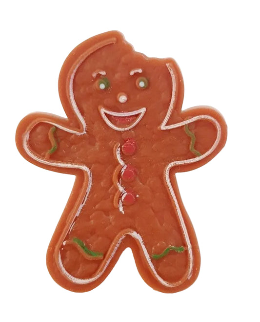 A brown gingerbread man-shaped plastic ring with a smiling face, suitable for use as a cake decoration or napkin ring.