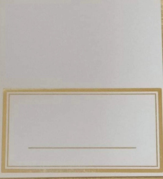 Pack of 20 white place cards with gold foil print and plain edges, 4" x 3.5", suitable for baby showers, 1st birthdays and elegant table settings.